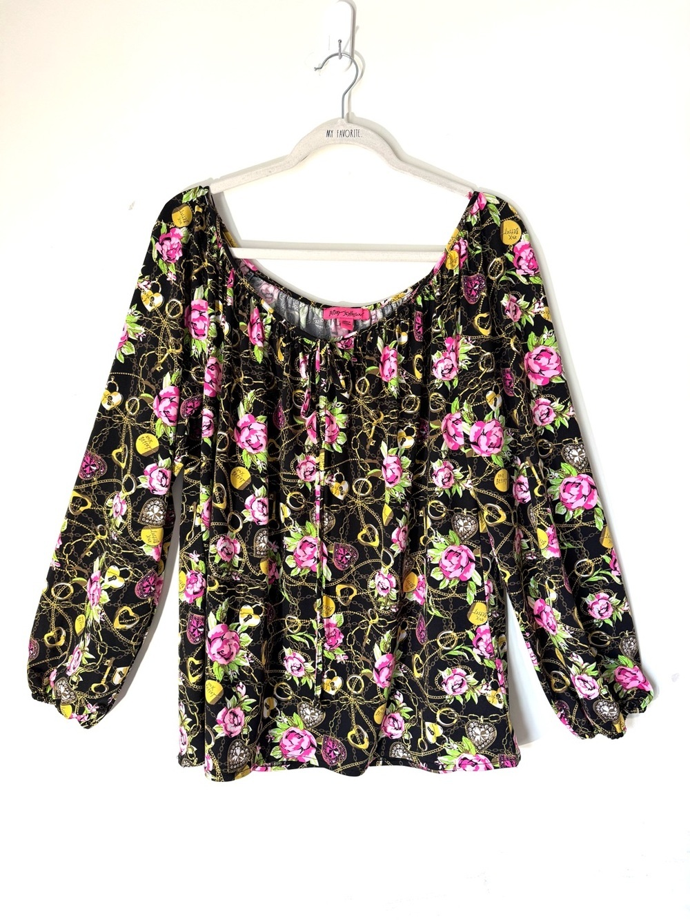 Betsy Johnson chain and heart charm print  Peasant Blouse Long Sleeve Sz XL